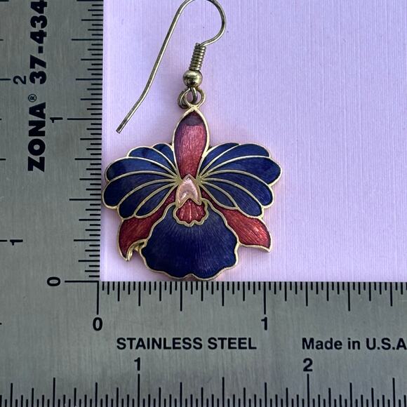 VINTAGE Cloisonné Enamel Floral Dangle Earrings - Picture 4 of 5